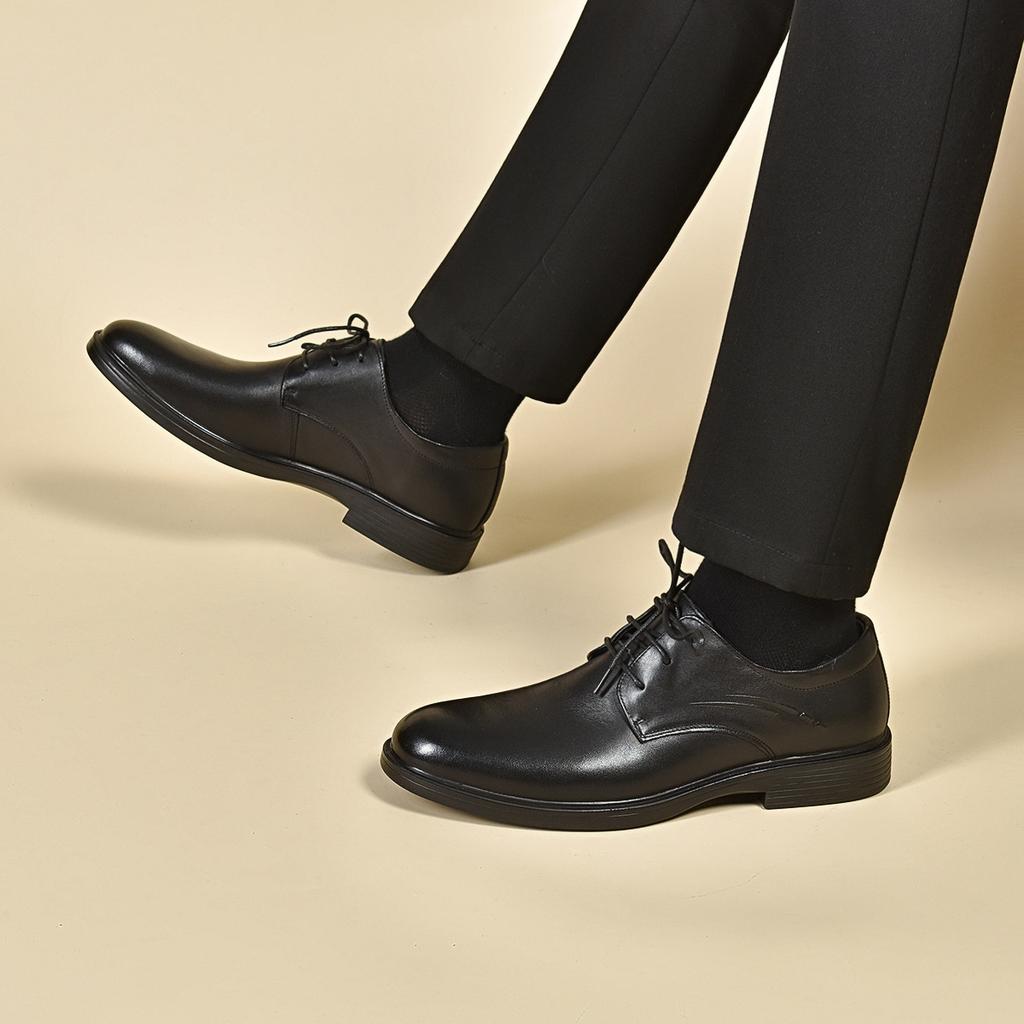 Men's Leather Shoes Round Head Lace-up Single Shoes Black First-layer Cowhide Business Dress Shoes Professional Flat Men's Shoes