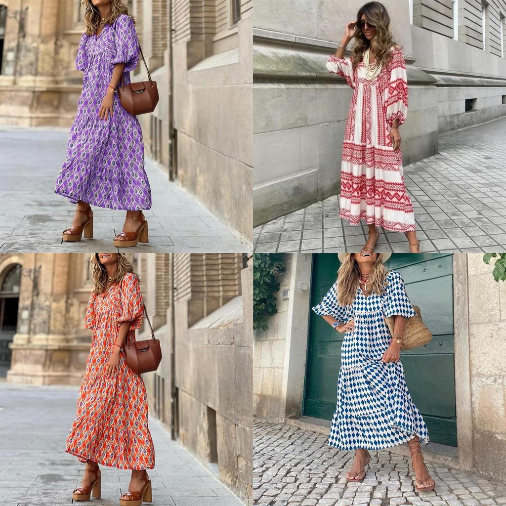 Bohemian Style Printed Lantern Sleeve Loose Maxi Dress For Casual Travel Women