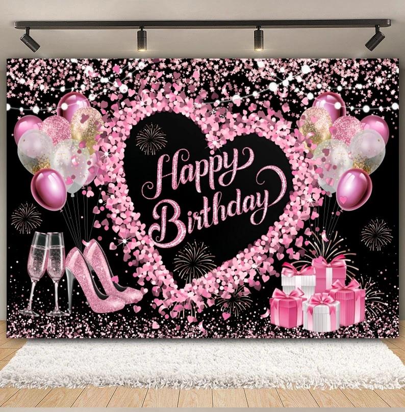 Happy Anniversary Backdrop Gold Balloon Glitter Love Heart Flower Birthday Party Bridal Shower Wedding Photography Background