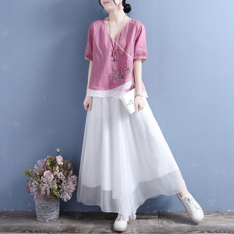 

Summer cotton and linen V-neck short-sleeved top women s color matching hemming fake oblique placket double button shirt tea clothes M рожевий червоний колір