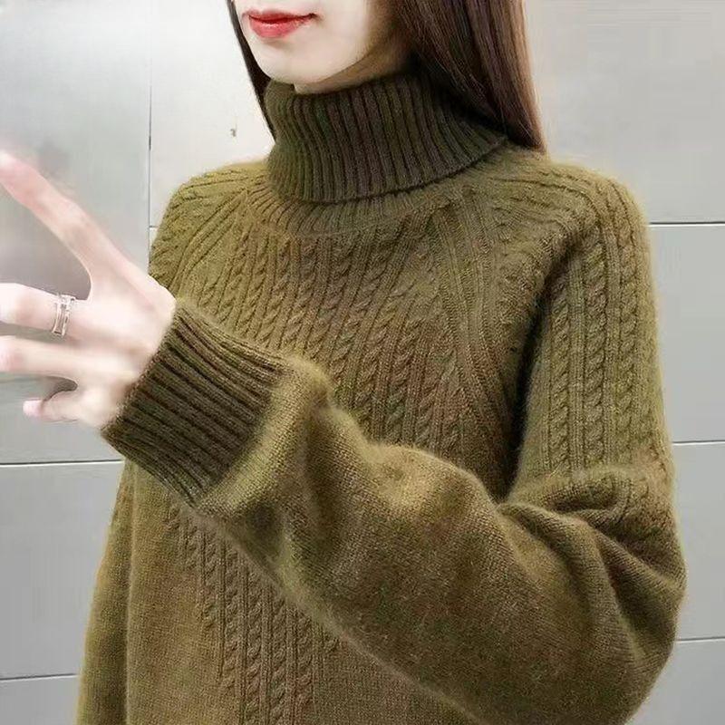 

Цветной свитер из овечьей шерсти, женский пуловер с высоким воротом, осенне-зимний толстый теплый свободный свитер на основе кашемира 3XL зелёный