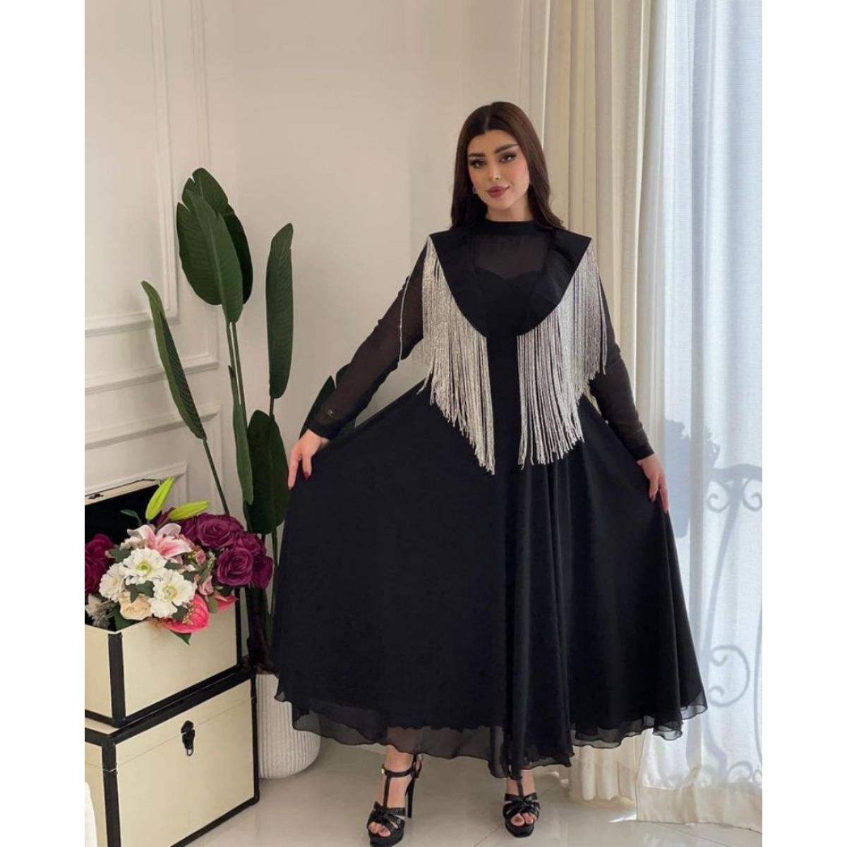 Women s Spring Summer High Waist Tassel Patchwork Chiffon Sexy Flowy Evening Party Prom Gown XS чёрный