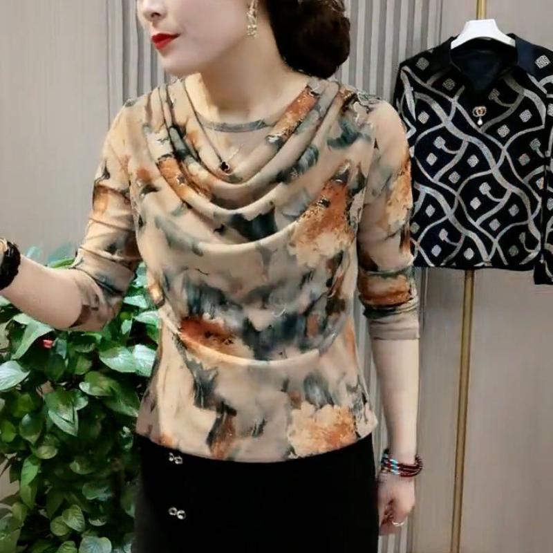 Women's Long Sleeve Print Bottoming Shirt Spring Autumn New Print Mesh Round Collar Pullovers Tshirt L-4XL