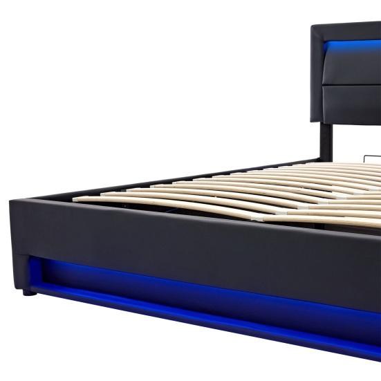 Upholstered Bed 140 X 190cm, with USB Port (Supports Wireless And Wired Charging), with LED Lighting And Storage Space, Without Mattress, Faux Leather