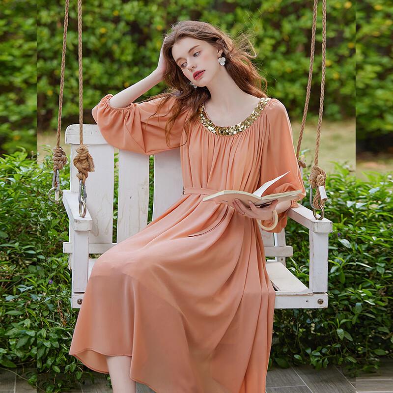 

Bailuyu 2025 Summer Sequin Color-Block Midi Dress L