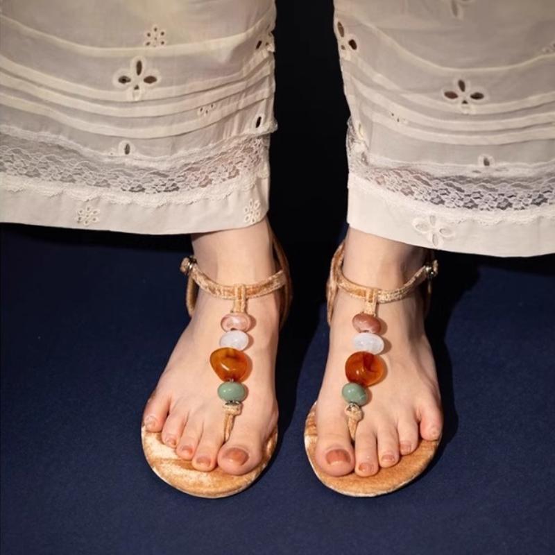 String Perlen Mehrfarbig Sexy Sandalen Zehensteg T-Riemen Flach mit Schnallenverschluss Flach Damen Mode Schuhe 2025 Sommerurlaub