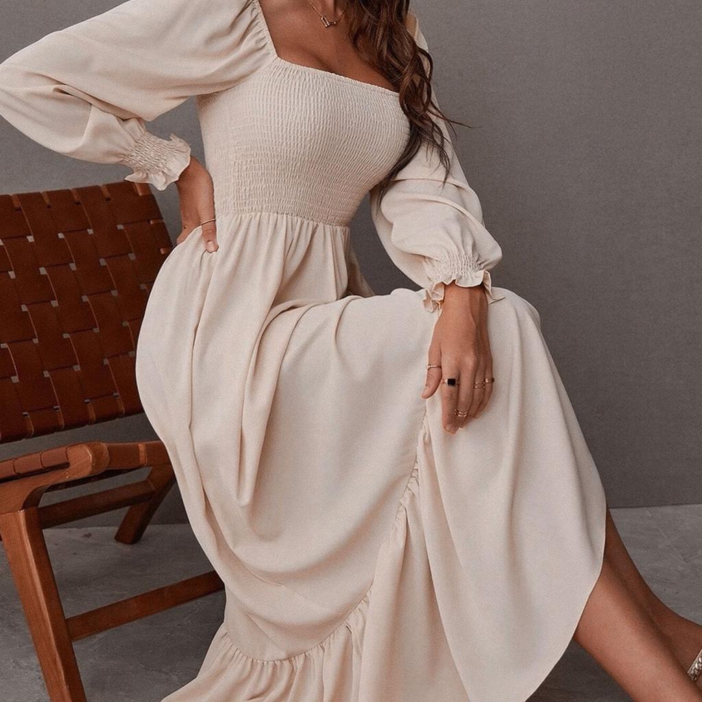 Lässiges, einfarbiges, enges Pulloverkleid für Damen mit U-Ausschnitt, langen Ärmeln, Rüschen und hoher Taille