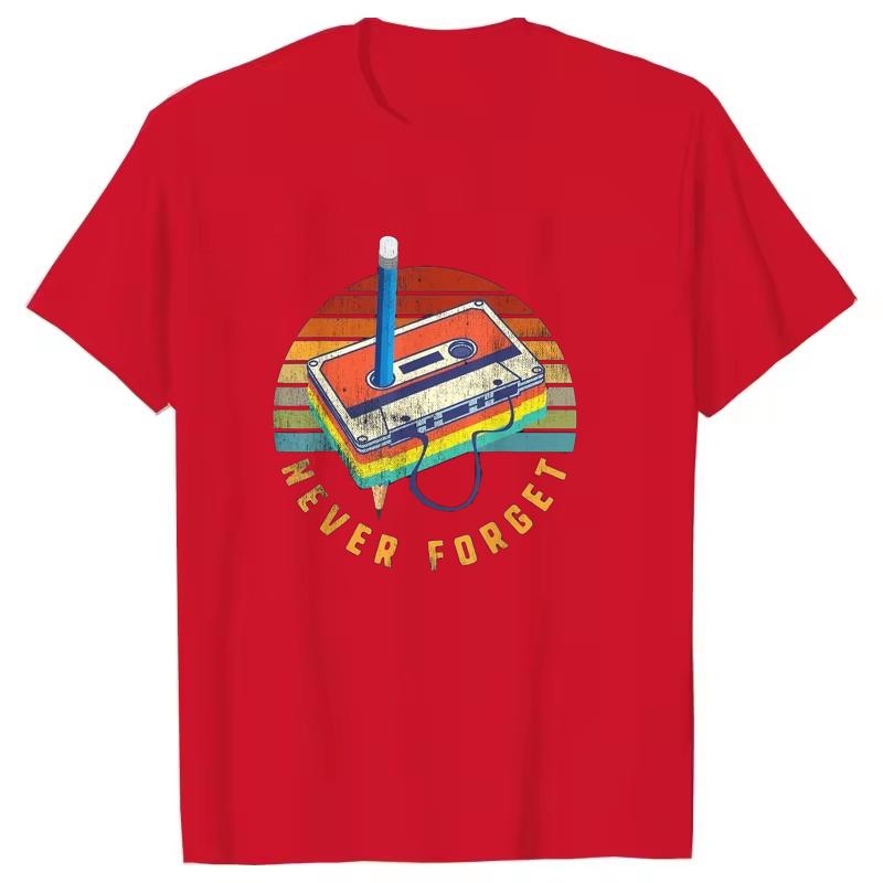 Retro 80s Cassette Tape Pattern Women T-shirt Never Forget Printed Short-sleeved Shirt Soft and Breathable Fabric Round Neck Top