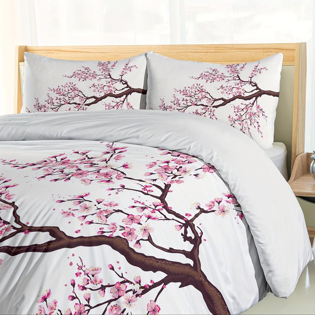 3-Piece Japanese-Inspired Duvet Cover Set - Vibrant Sakura Tree Flowers Spring Theme Art Soft Decorative Bedding with 2 Matchin