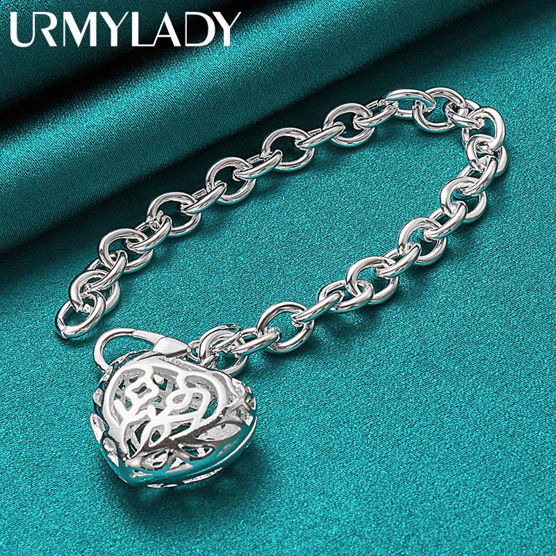 925 Sterling Silber Hohl Herz Anhänger Armband Für Frauen Hochzeit Party Mode Schmuck