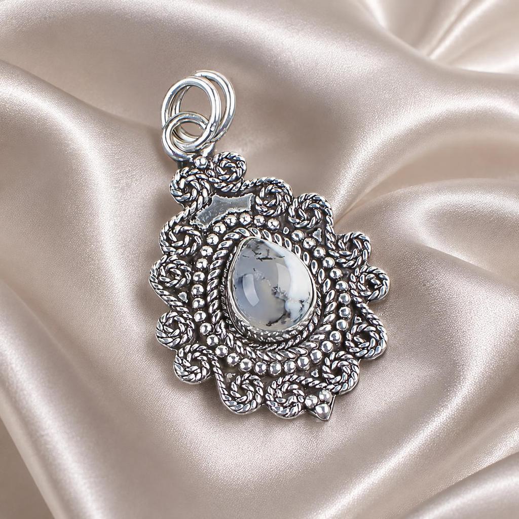 Natural Dendritic Opal Gemstone 925 Sterling Silver White Stone Jewelry Handmade Pendant 1.55" PP-25-24