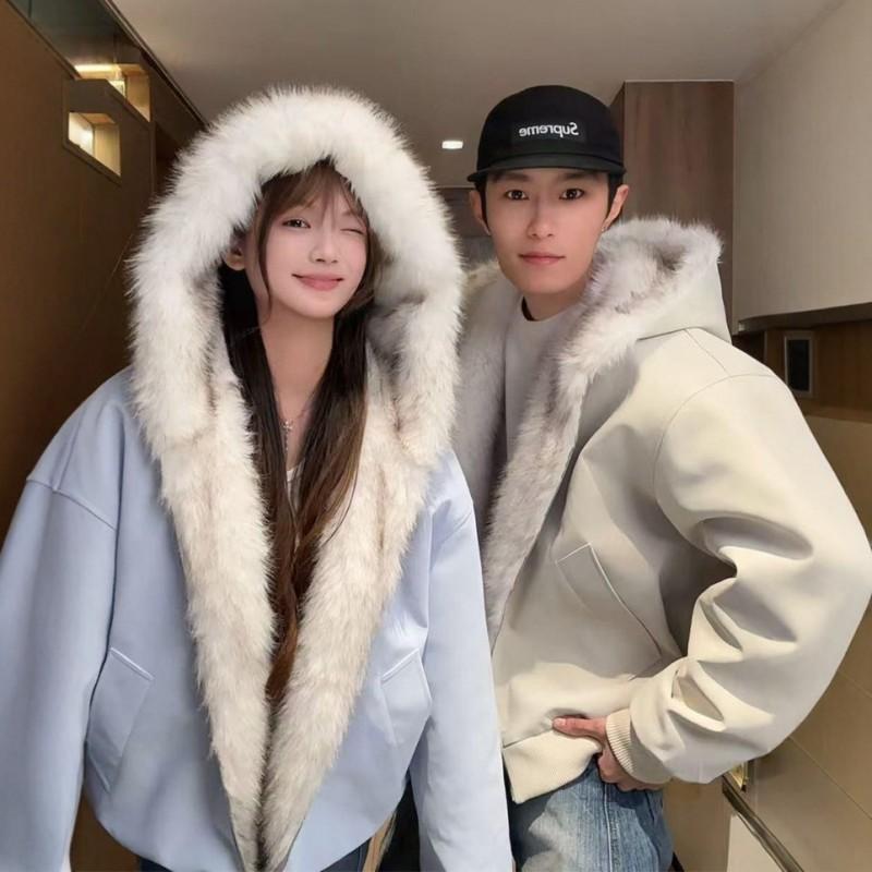 Mens Oversized Hooded Puffer Jacket With Faux Fur Collar Winter Warm Thick Cotton Coat Couples