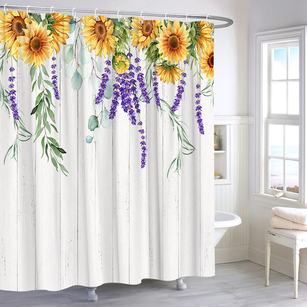 Watercolour Sunflower Shower Curtain Eucalyptus Leaf Butterfly Flower Cloth Bath Curtains Autumn Rustic Botanical Bathroom Decor