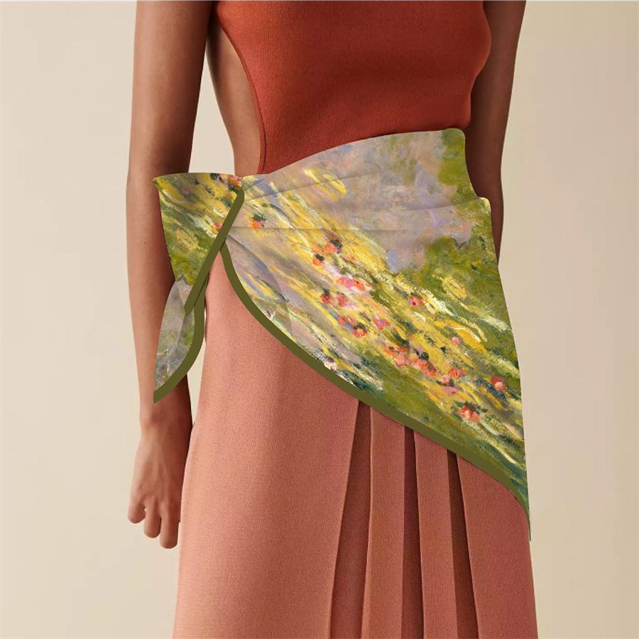 Silk Scarf Women Lotus Print Square Scarves Head Echarpe Silk Foulards Femme Wraps Beach Shawls Bandana Lady Hijabs 90CM