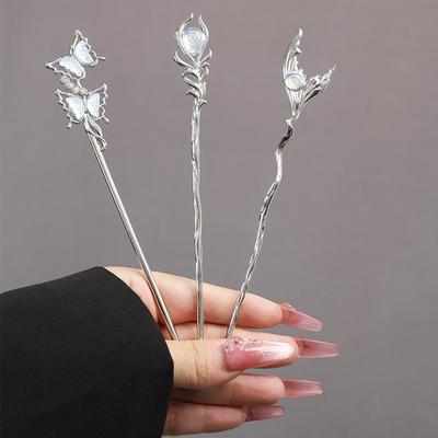 New Chinese Style Moonstone Women's Alloy Hairpin with Ancient Style Butterfly Tail Liquid Metal Advanced Fashion Headwear