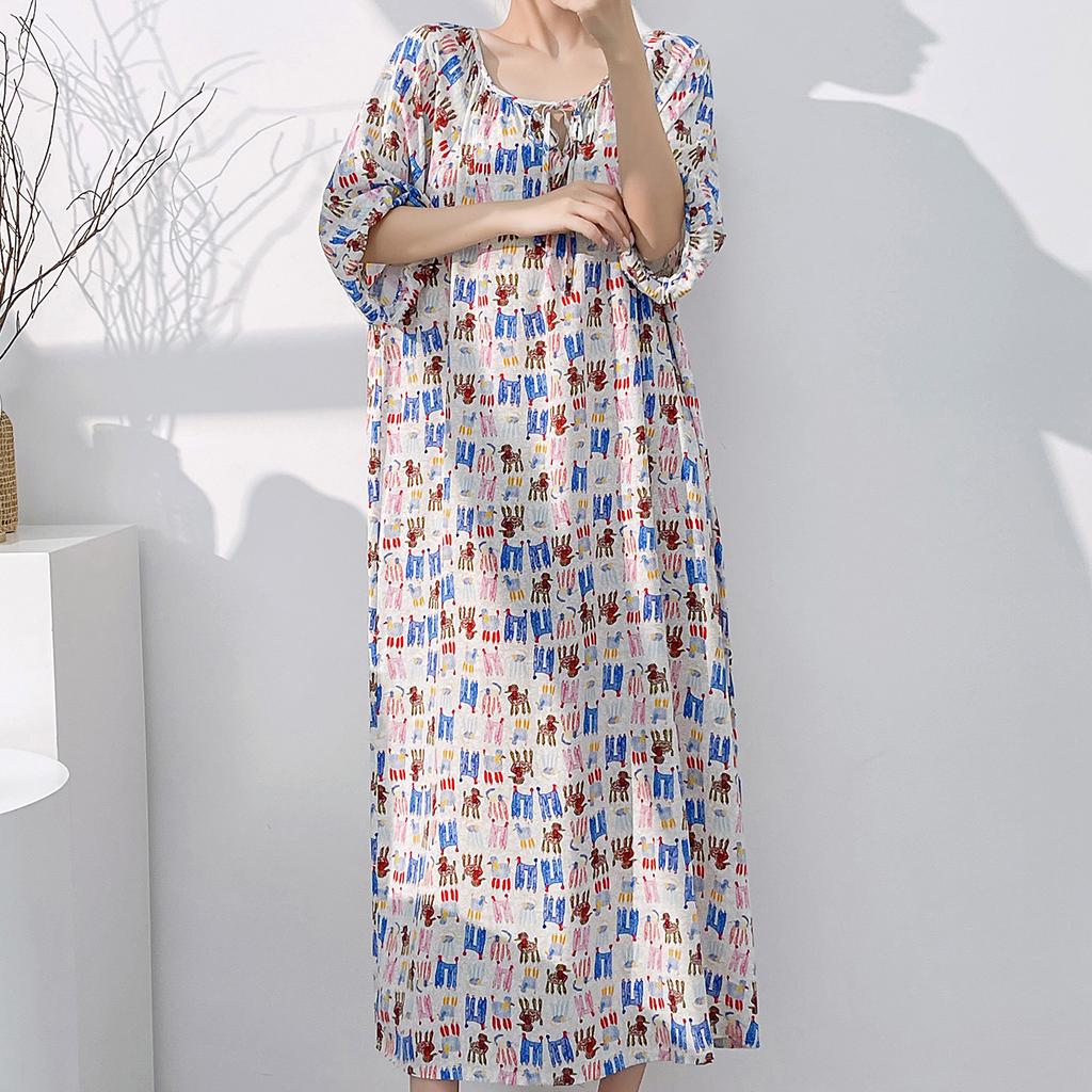 1011 new cotton and silk nightdress women's summer short-sleeved pajamas cartoon pony element long loose cotton silk skirt can be worn outside