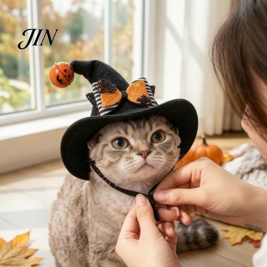 Elastic Strap Pet Hat Halloween Cat Wizard Hat, Bent Pointed with Pumpkin Bell, Small Dog Sequined Bow Festive for Cats Dogs