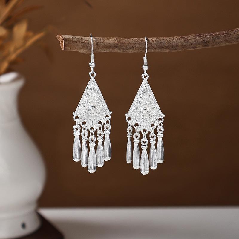 Ethnic Miao Silver Tassel Earrings - Retro Long Dangle Scenic Studs for Women