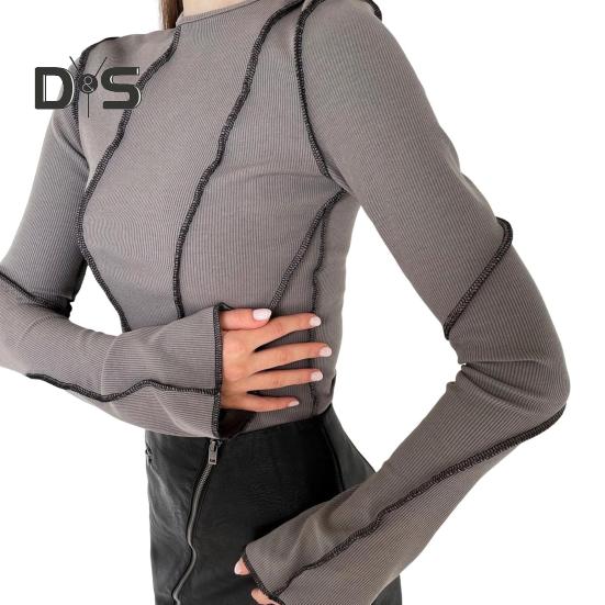 Women T-shirt Round Neck Long Flared Sleeve T-shirt Slim Fit Ribbed Three-Dimensional Line Decoration Pullover Tops Daily Wear