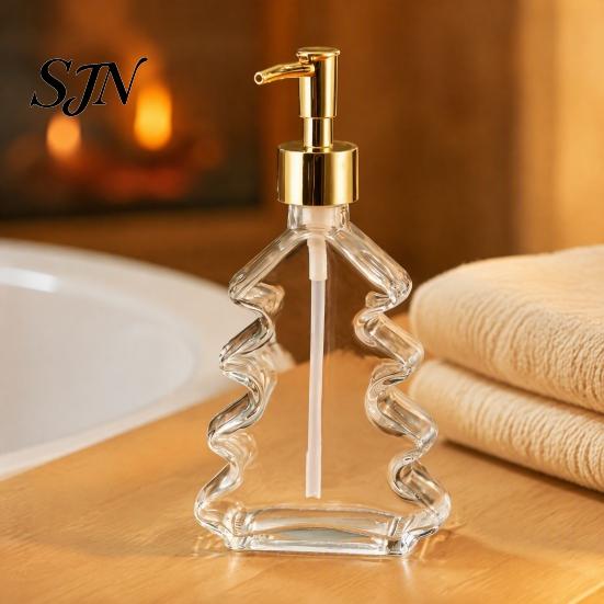 Glass Hand Soap Pump 300ml Christmas Tree Dispenser, Dish Dispenser with Pump, Hotel Guest Room Supplies Xmas Decorative Empty Bottle for Soap,