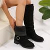Fashion Women's Chunky Heeled Long Pleated Boots Comfortable Slip On Boots Woman Autumn Winter Thick Heel Belt Buckle Knee High Booties
