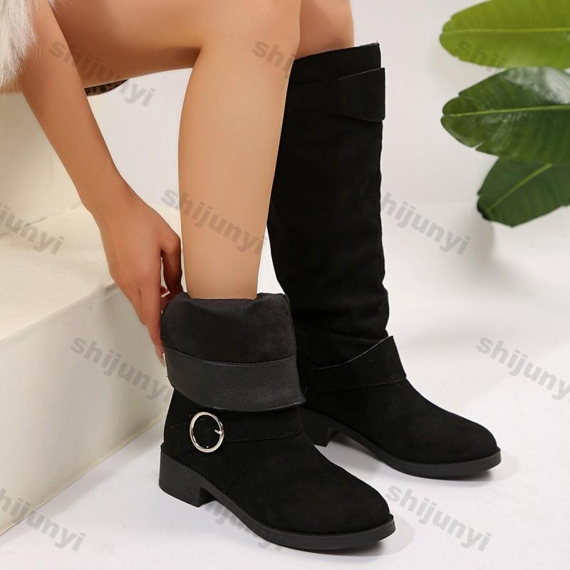 Fashion Women's Chunky Heeled Long Pleated Boots Comfortable Slip On Boots Woman Autumn Winter Thick Heel Belt Buckle Knee High Booties
