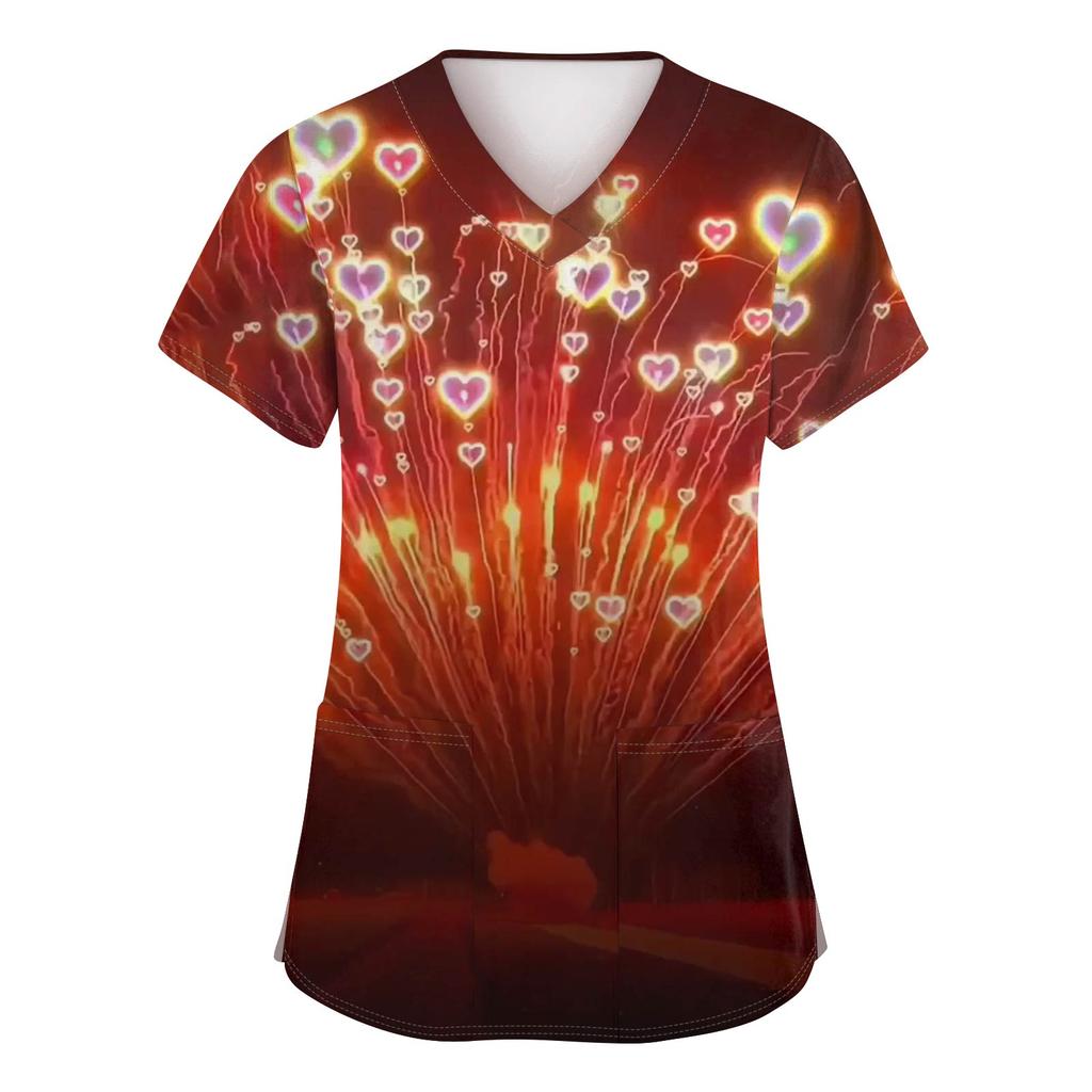 Women's Fashion Printed Short Sleeve V Neck Pattern Tops Pocket Working T-shirts