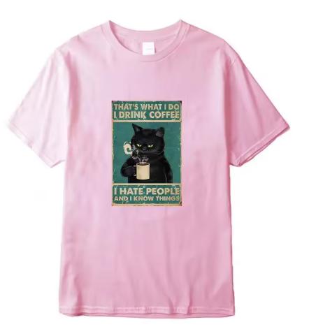 Unisexs Tshirt High Quality Cotton Blend Funny Cat Drinking Coffee Printing Summer Casual Cool Loose Unisex Oneck Tshirt Male Tops