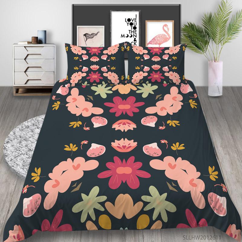 3D-Farbmuster bedruckte Bettwäsche, Einzelbett, Doppelbett, volle Größe, Vintage-Blumenmuster, Kissenbezug und Bettbezug, 2 oder 3 bequeme Heimdekoration