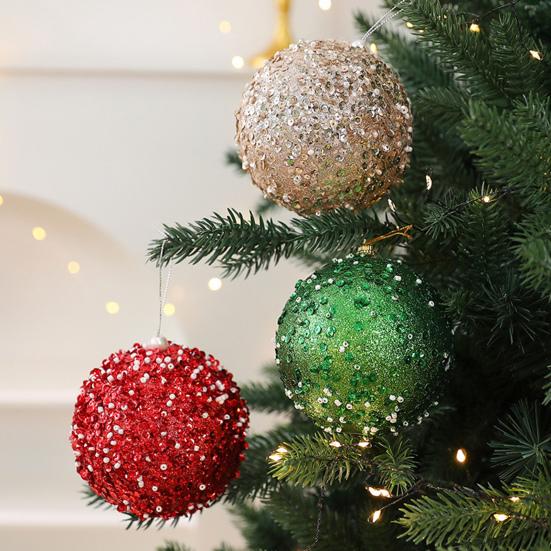 4 Pcs Christmas Ball Ornaments Glitter Sequin Shatterproof Foam Balls Decoration with Faux Pearl for Xmas Wedding Party Holiday Decor