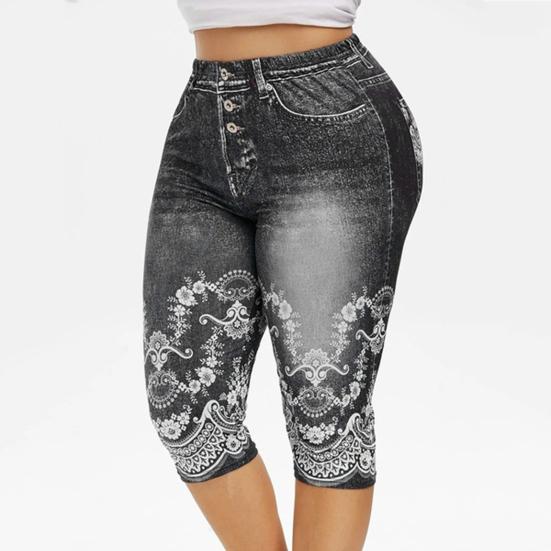 False Denim Print Yoga Pants Stretchy Women High Waist Pockets Capri Pants Bottoms