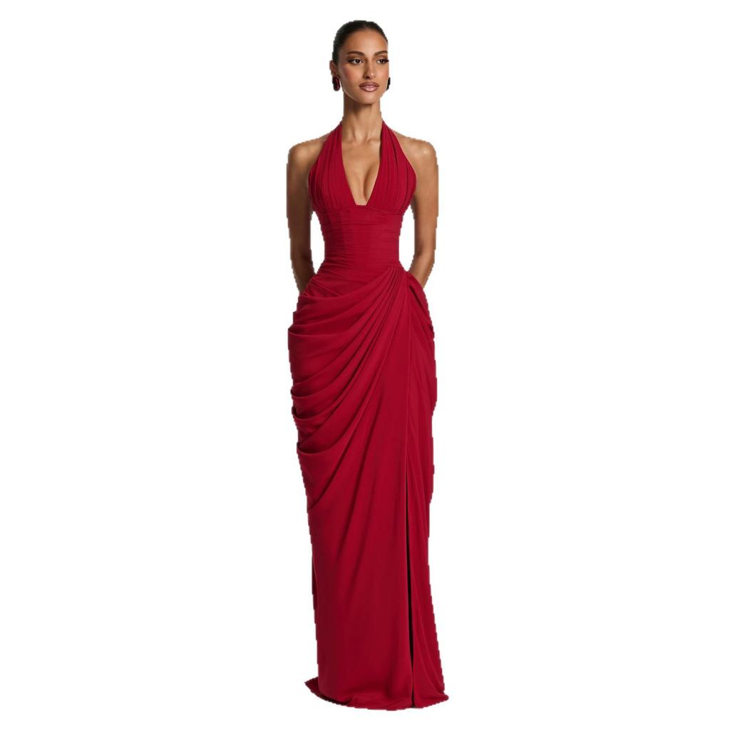 European and American Sexy Dresses, Deep V Neck Dresses, Slim-fitting Pleated High-split Dresses, High-end Sense
