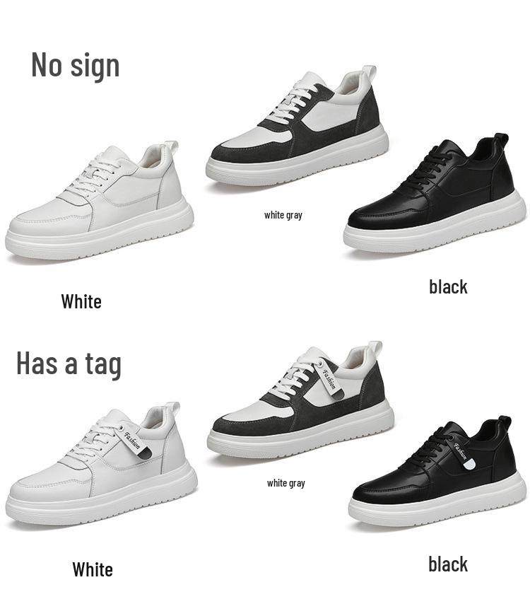 855 Men's Height-Increasing Platform Sneakers, Low-Top Cowhide Surface, Thick Sole, White, Spring Casual and Trendy.