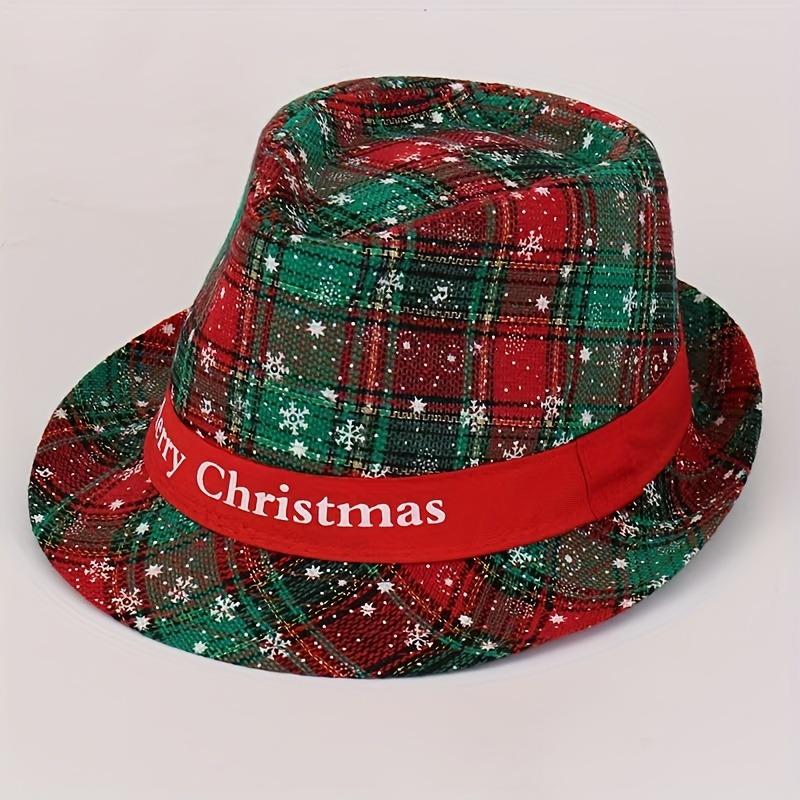 1pc Men'S Christmas Santa Hat with Plaid & Snowflake Patterns, Red/Green Tartan Design, Wide Brim & Poinsettia Bow - Festive Party Costume Accessory