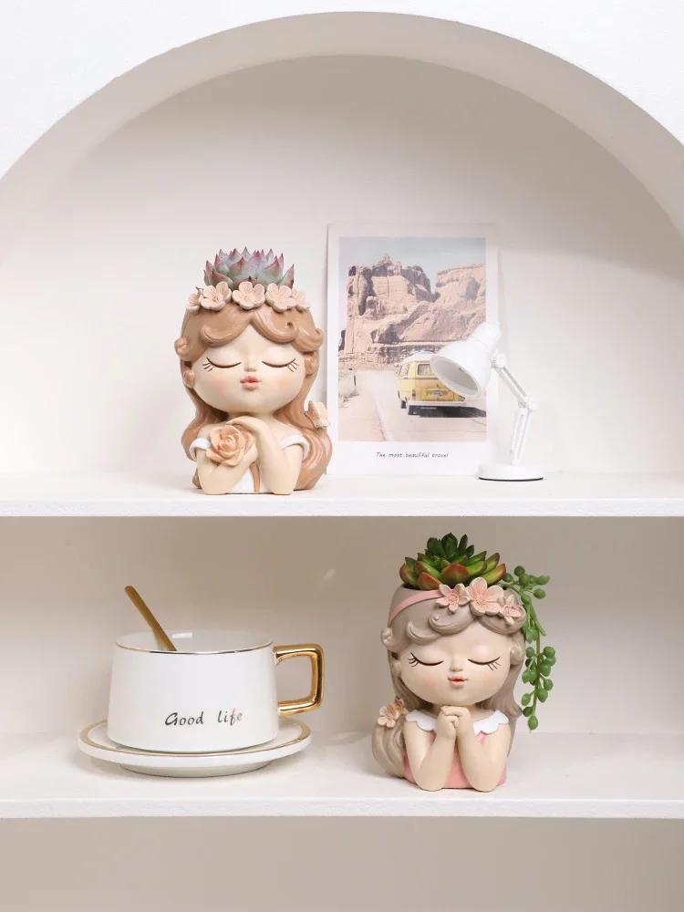 Cute Girl Small Plant Pot Resin Succulent Planter for Home Office Desk Mini Ornament Fairy Garden Flowerpot Decoration