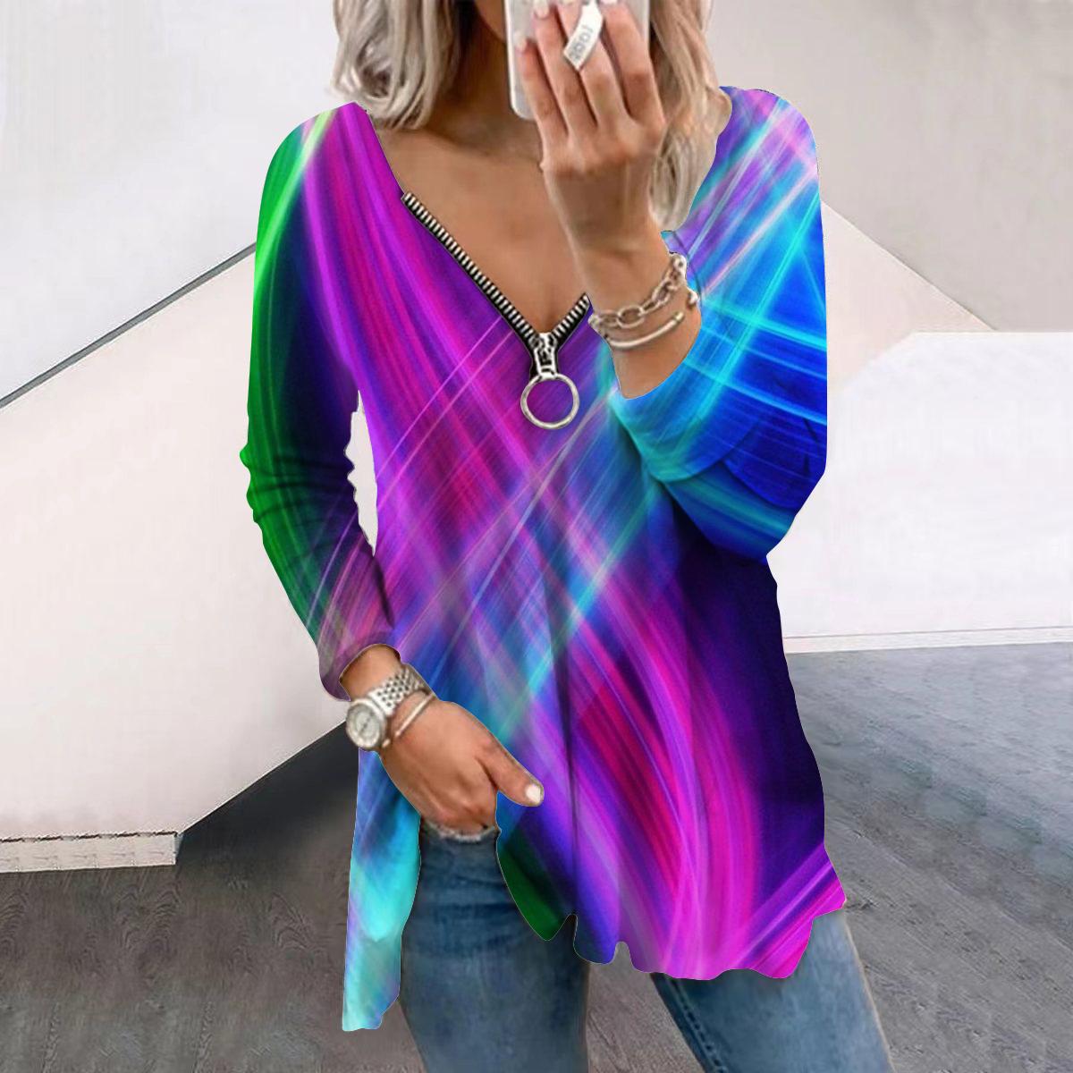 Женские осенние футболки с длинным рукавом и принтом в виде разноцветных пересекающихся линий, свободные футболки больших размеров с V-образным вырезом, удобные блузки 8XL разноцветный