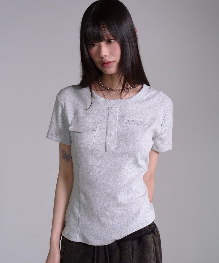 PRENDA Pocket Button Short Sleeve Gray