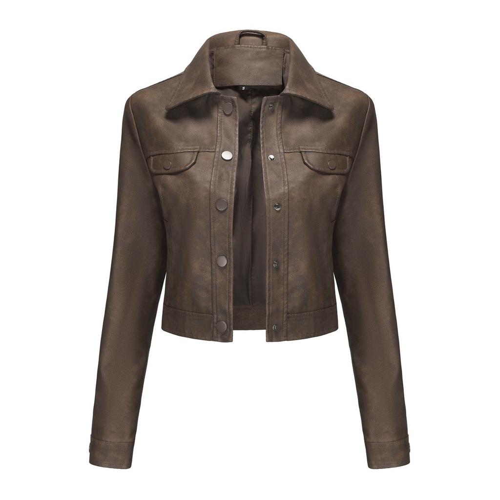 2024 spring and autumn new thin leather jacket women's multi-pocket cardigan casual jacket European and American fashion popular daily coat