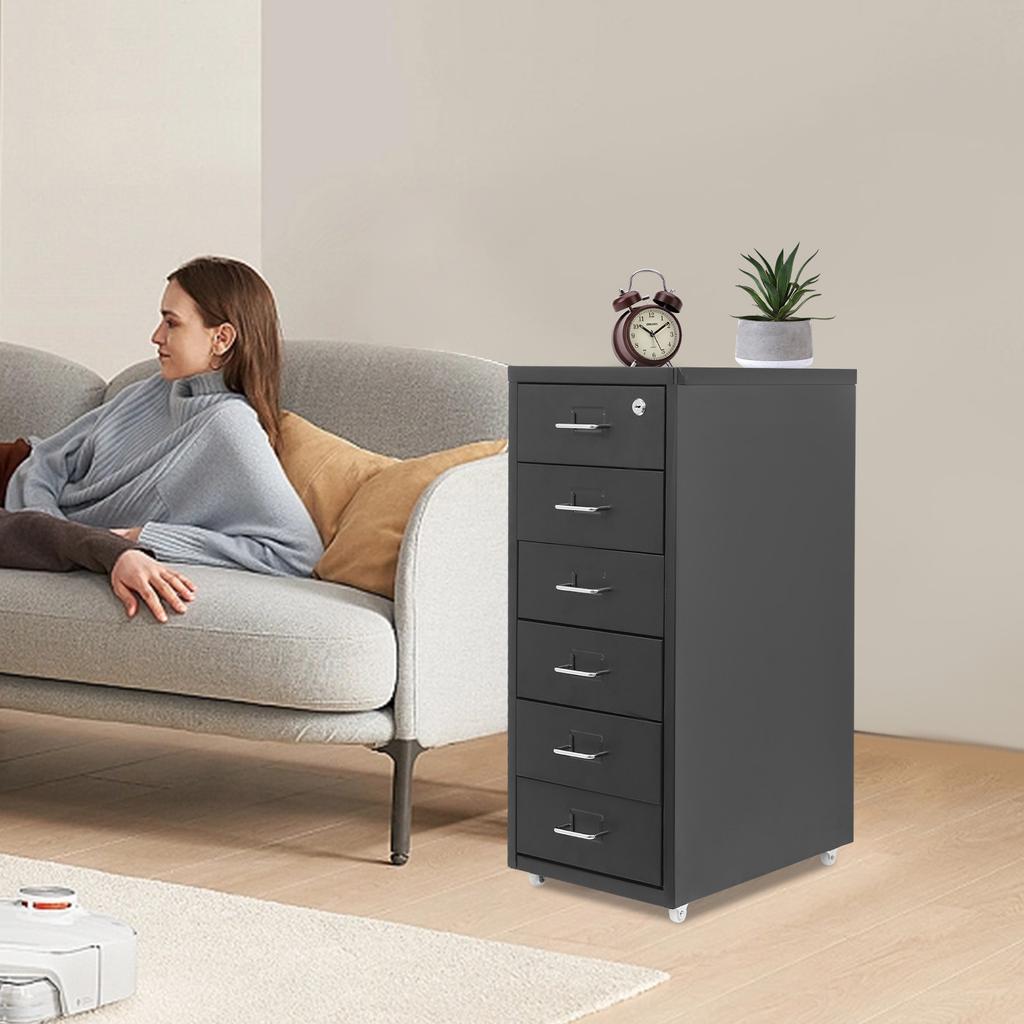 6-Tier Black Metal File Cabinet with Lock & Wheels, Vertical Filing Storage for Home Office, Modern Steel Cabinet, 28x41x69cm