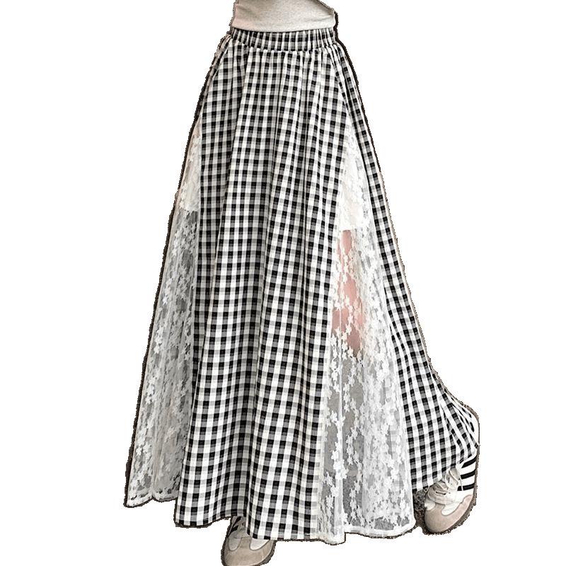 High-Waist A-Line Plaid Skirt with Lace Trim, Plus Size