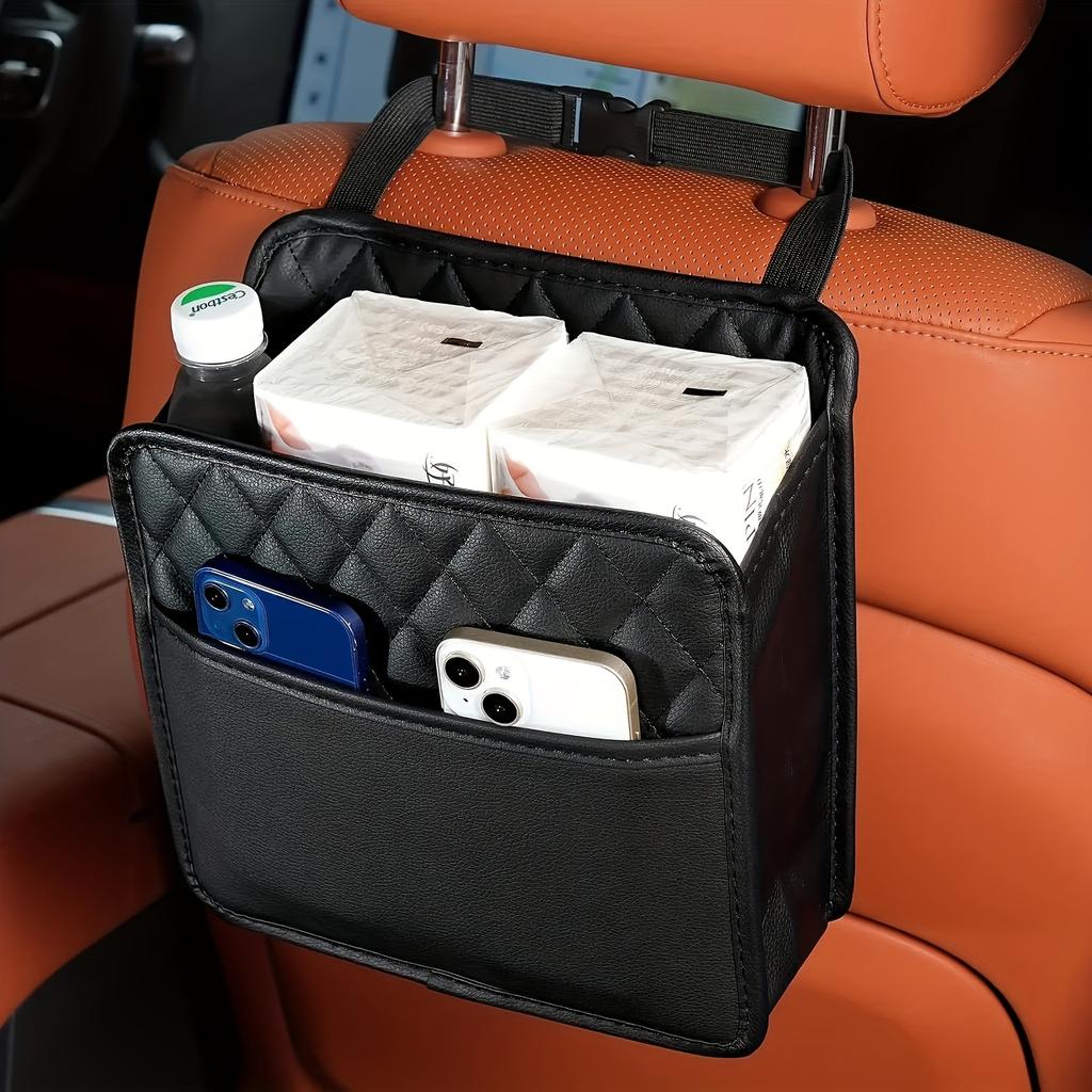 Faux Leather Car Back Seat Organizer Protector with Hanging Storage Bag - Vehicle Interior Organizing Solution
