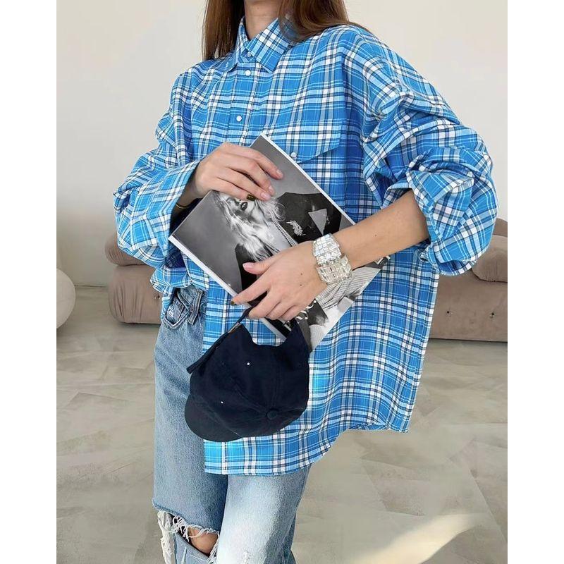 Fashion Style Loose Plaid Retro Lapels Casual Shirt Loose Plaid Long Sleeved Shirt