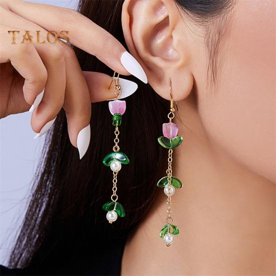 1 Pair Women Hook Earrings Faux Pearl Tulip Shape Long Tassel Alloy Electroplated Ear Jewelry Lady Prom Cocktail Party Dangle Earrings Hanging