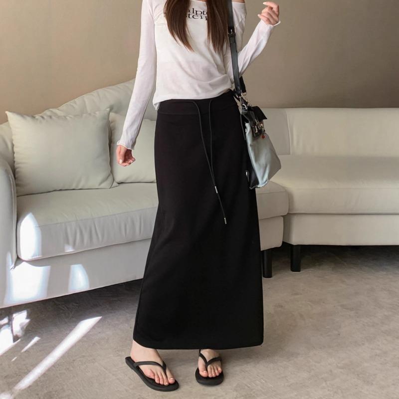 Women Korean Style High Waist Drawstring Skirt Split Hem A Line Long Hip Wrap Skirt Spring Autumn Versatile Flowy Skirt