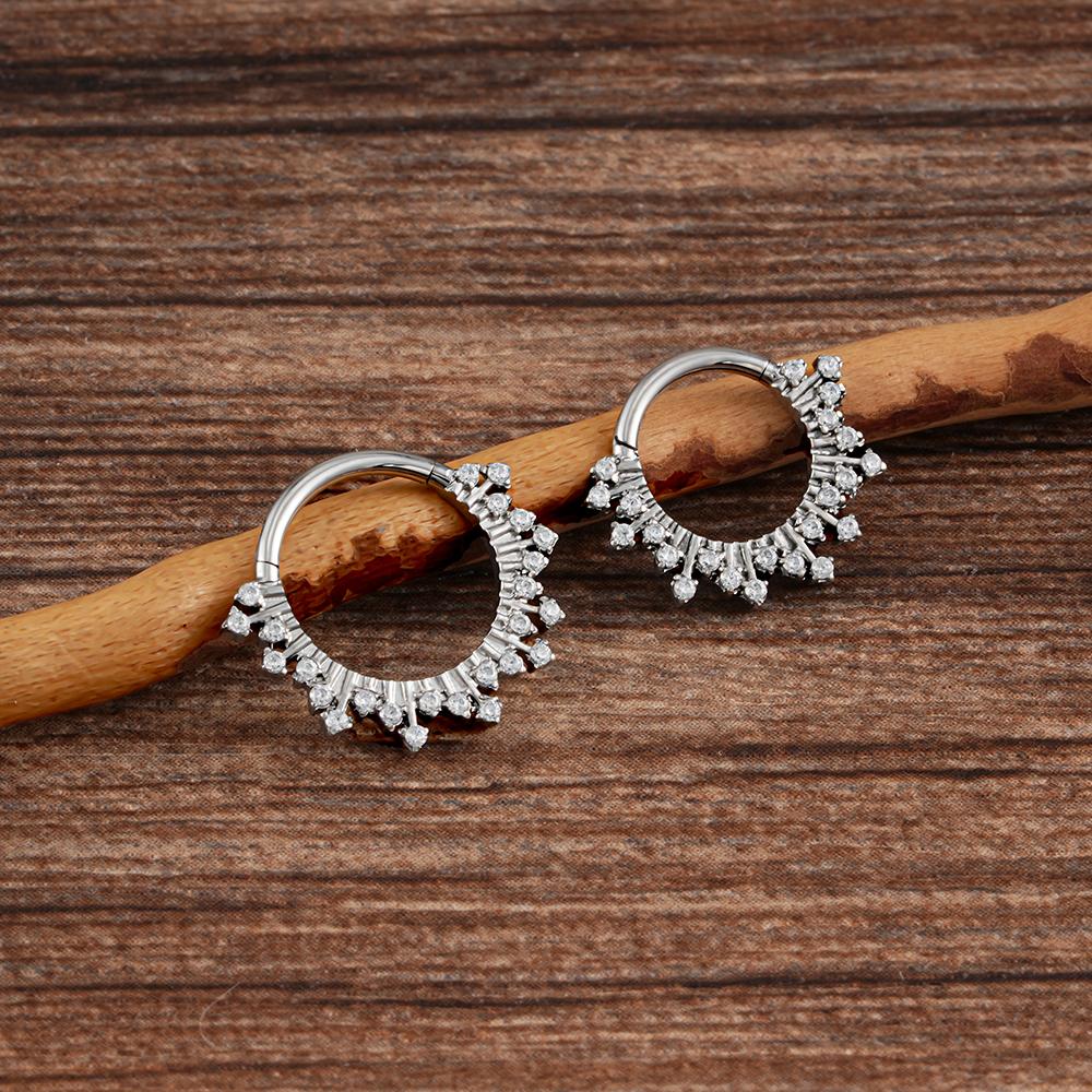 Right Grand ASTM F136 Titanium 16G CZ Hinged Clicker Segment Hoop Ring Sunburst CZ Daith Earring Septem Nose Piercing Jewelry