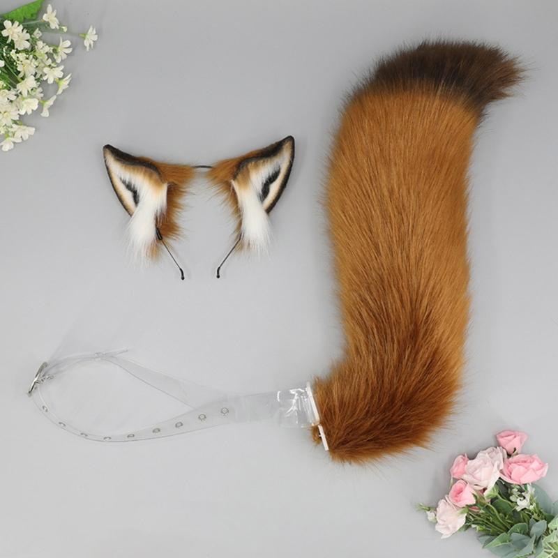 Fox Ears and Tail Set Furry Fox Ears Headband with Tail Halloween Cosplay Party Fox Costume Accessories for Kids-Adults