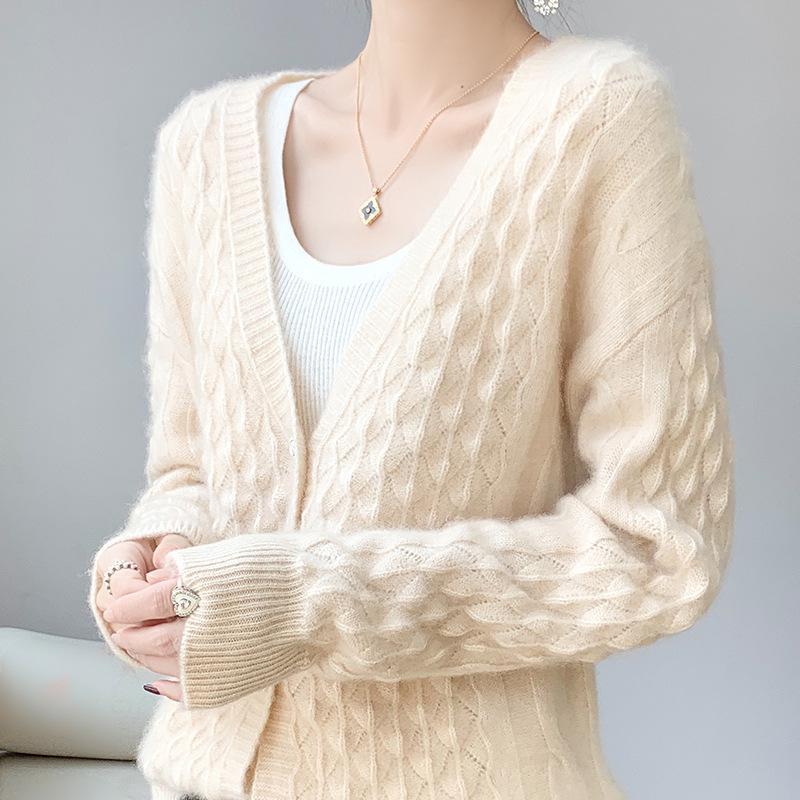 Women's 100% Pure Wool V-Neck Cardigan: Autumn/Winter Loose Knit Sweater Coat