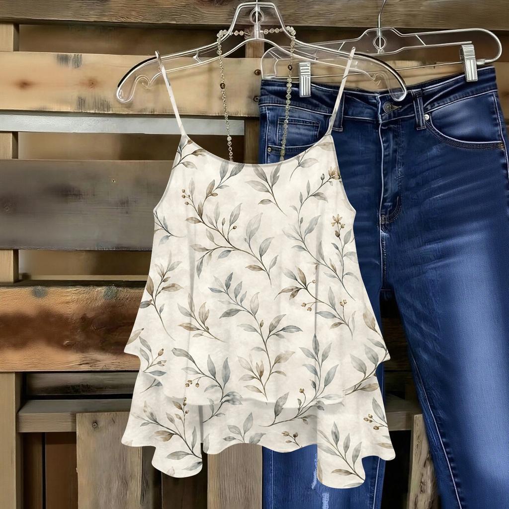 Women Sleeveless Floral Print Double Layer Camisole Top Lightweight Spaghetti Strap Summer Blouse Casual Loose Fit Shirt