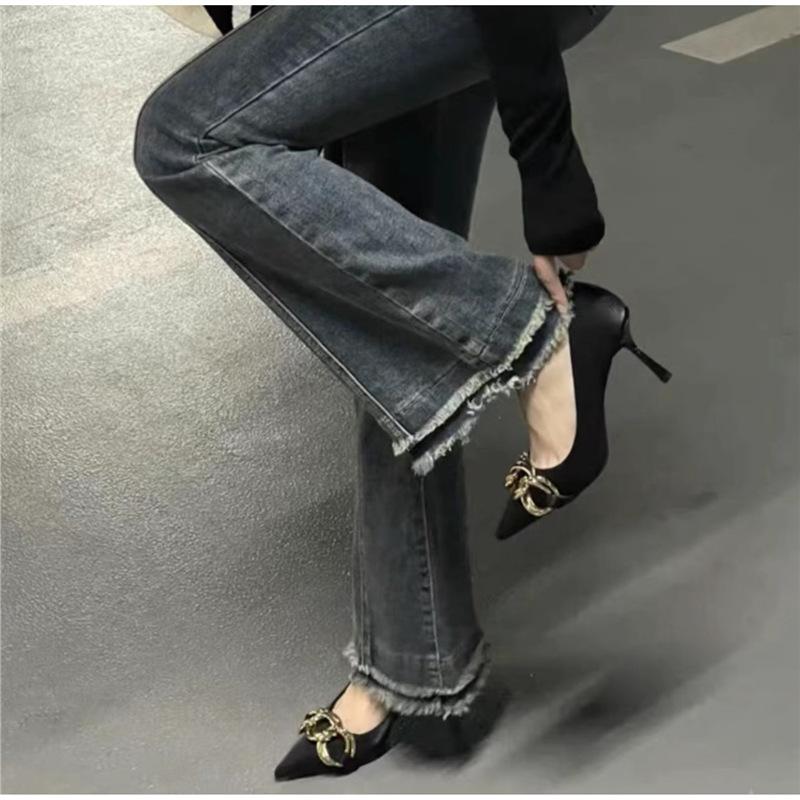 

Женские туфли на высоком каблуке 2025 весна и осень новинка дизайн тонкого каблука французская ниша металлическая цепочка острый носок мелкий вырез лодочки женские 34