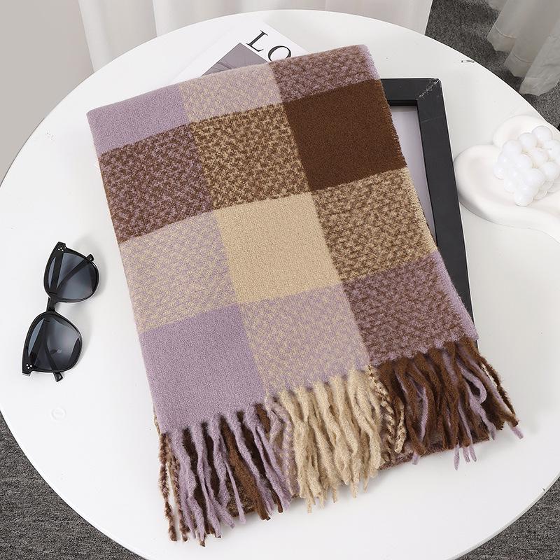 Women's Faux Cashmere Plaid Scarf - Korean Style, Thick & Warm Autumn/Winter Shawl